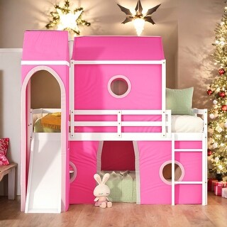 Modren Twin Size Bunk Bed With Slide Pink Tent and Tower,Spacious Under Bed Space for Bedroom
