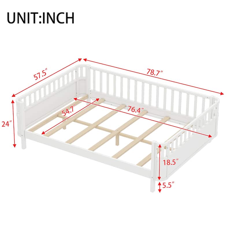 Multi Size Low Platform Bed for Kids with Rounded Corners Guardrails, Detachable Right-side Fence and Open Left-side Design