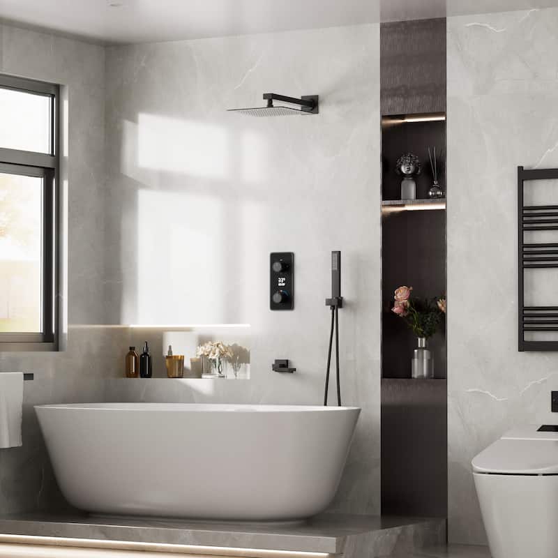 3-Way Thermostatic Complete Rainfall Shower System with Rough in-Valve Rain Shower Heads,Black/Gold