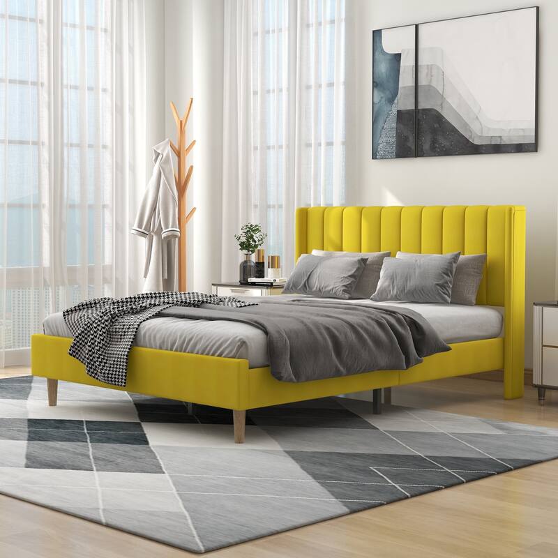 Alazyhome Upholstered Platform Bed Frame - Yellow - Queen