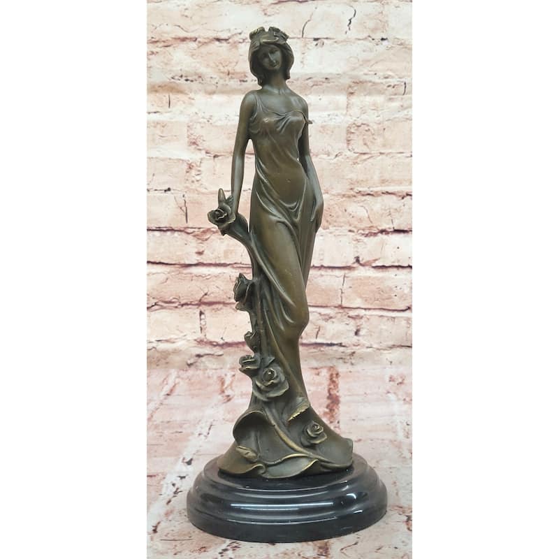 Bronze Lady With Roses Figurine – Art Nouveau Style Sculpture On Marble Base By Kin