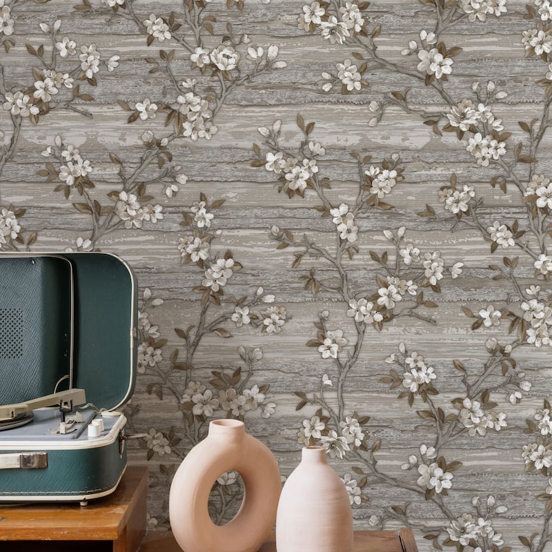 Flocked Botanical Blossom Pattern Stylish Floral Wallpaper