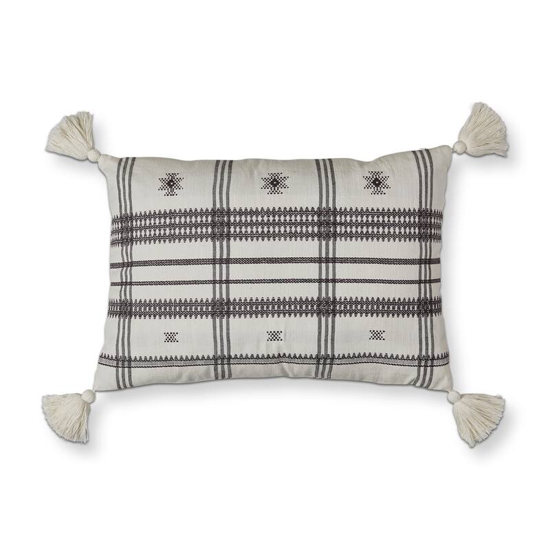 24"x16" White Peak Lumbar Yarn Dyed Cotton with Tassels Accent Decorative Throw Pillow Poly Filled Removable Insert Rectangle