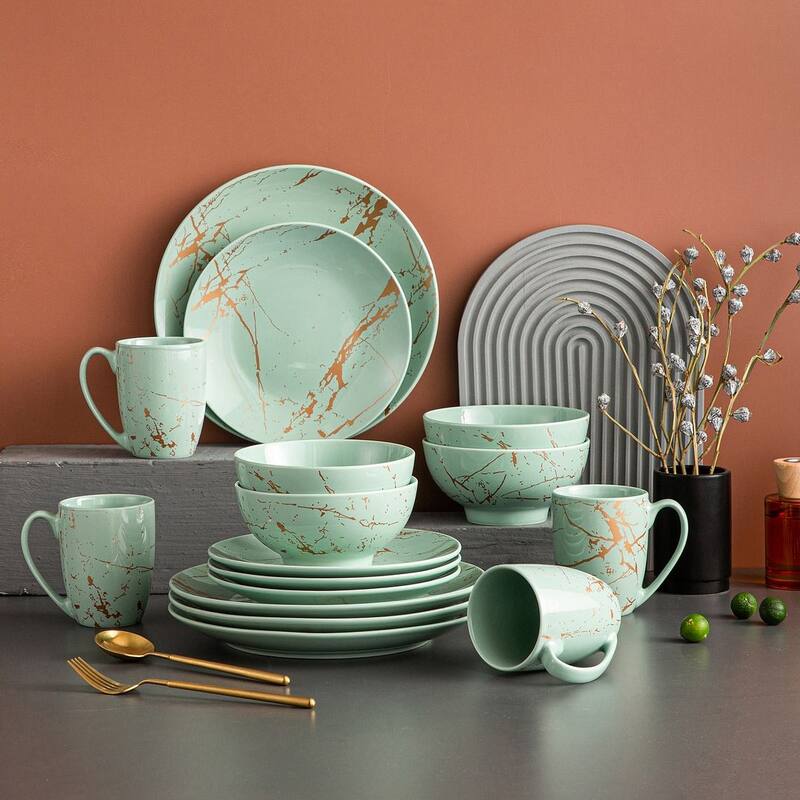 LOVECASA 16-Piece Porcelain Color Glaze with Gold Dinnerware Set