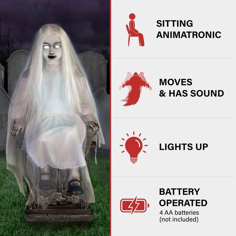 Haunted Hill Farm Darcy the Sitting Tombstone Girl by Tekky, Premium Talking Halloween Animatronic, Plug-In or Battery