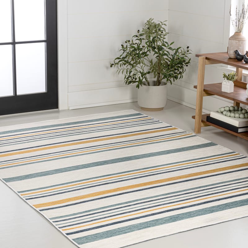 JONATHAN Y Reversible Zephyr Classic Coastal Ticking Stripe Machine-Washable Cream/Navy Indoor/Outdoor Rug