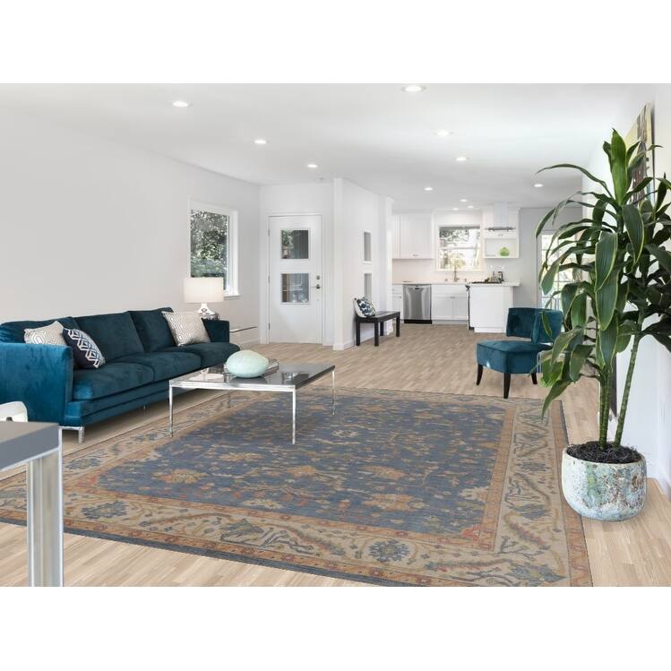 Oushak Vegetable Dye Area Rug Hand-Knotted Blue Floral Wool Carpet - 8'2" x 10'0"