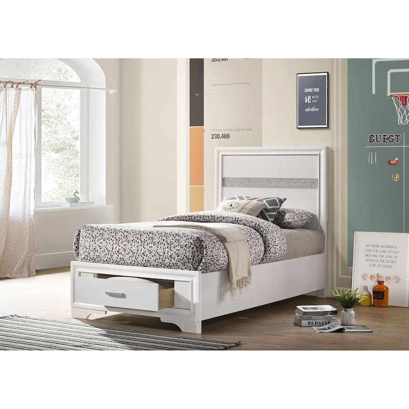 White Twin Storage Bed with Built-in Drawers and Glitter Panels - White