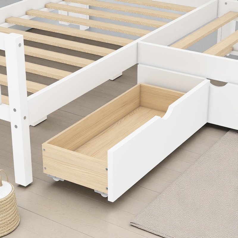 L-Shaped Twin Platform Bed with Trundle, Solid Wood Corner Bed Frame with Drawers and Shelves, No Box Spring Needed