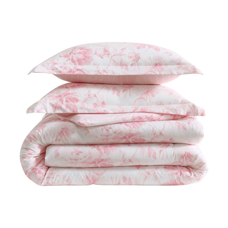 Laura Ashley Anja Textured Toile Floral All Season Cotton Comforter Set with Solid Reverse (Pink)