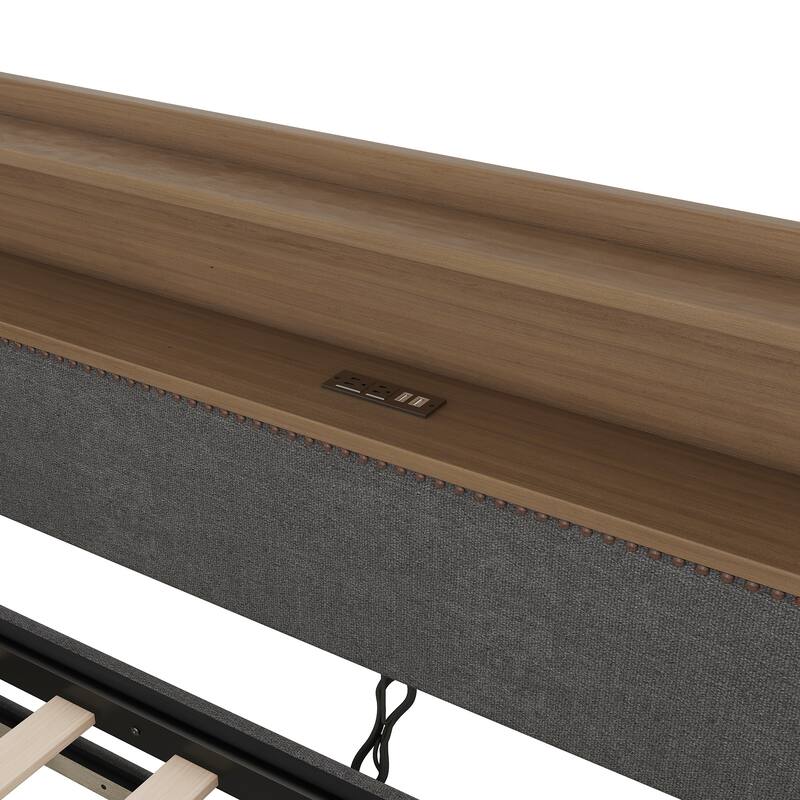 Twin Size PU Leather Upholstered Daybed with Trundle,Charging Station and LED Lights