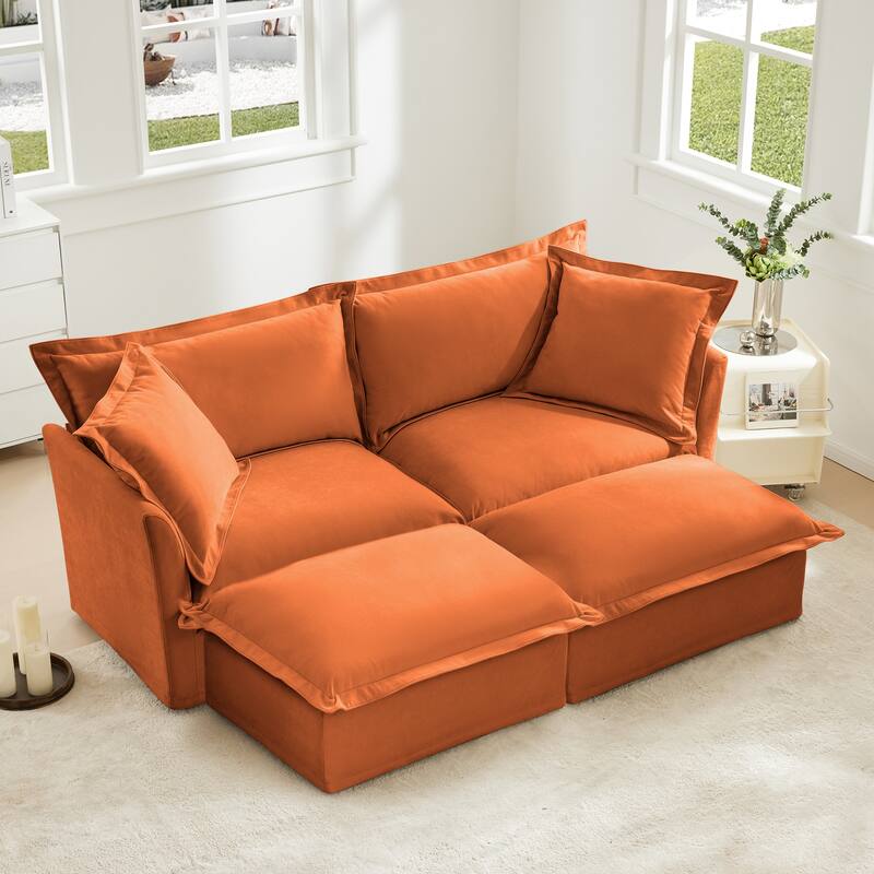 Slipcovered Chenille 2-Seater Sleeper Sofa with 2 Ottomans - Orange