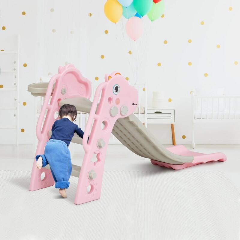 Plastic Foldable Slides Backyard Climber Set (Pink) with Basketball Hoop and Ball for 1-3 Old Baby Kids