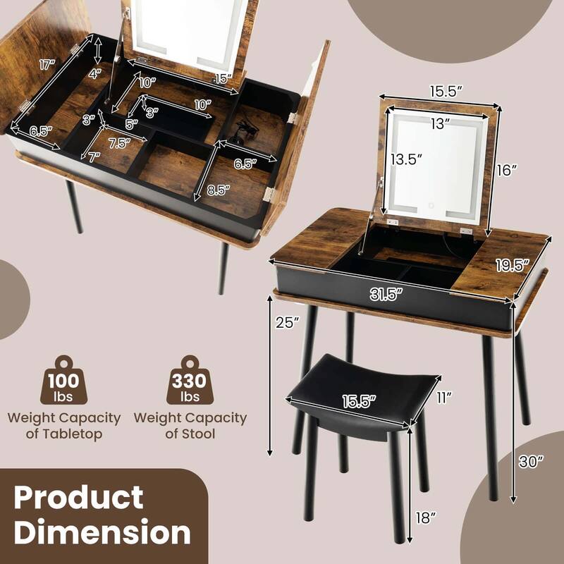 Costway Vanity Table Set w/ Flip Top Mirror Lights USB Port Cushioned