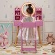 preview thumbnail 3 of 7, Pink Kids Round Lighted Mirror Vanity Set with 4 Open Shelves and 2 Drawers - 27.5" x 13.5" x 41.5"
