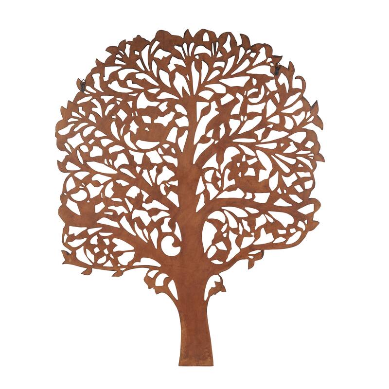 Brown Wooden Carved Tree Home Wall Decor with Animal Accents