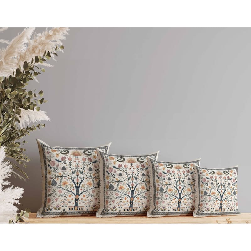 Indian Folk Art Tree Indoor/Outdoor Reversible Throw Pillow Multi