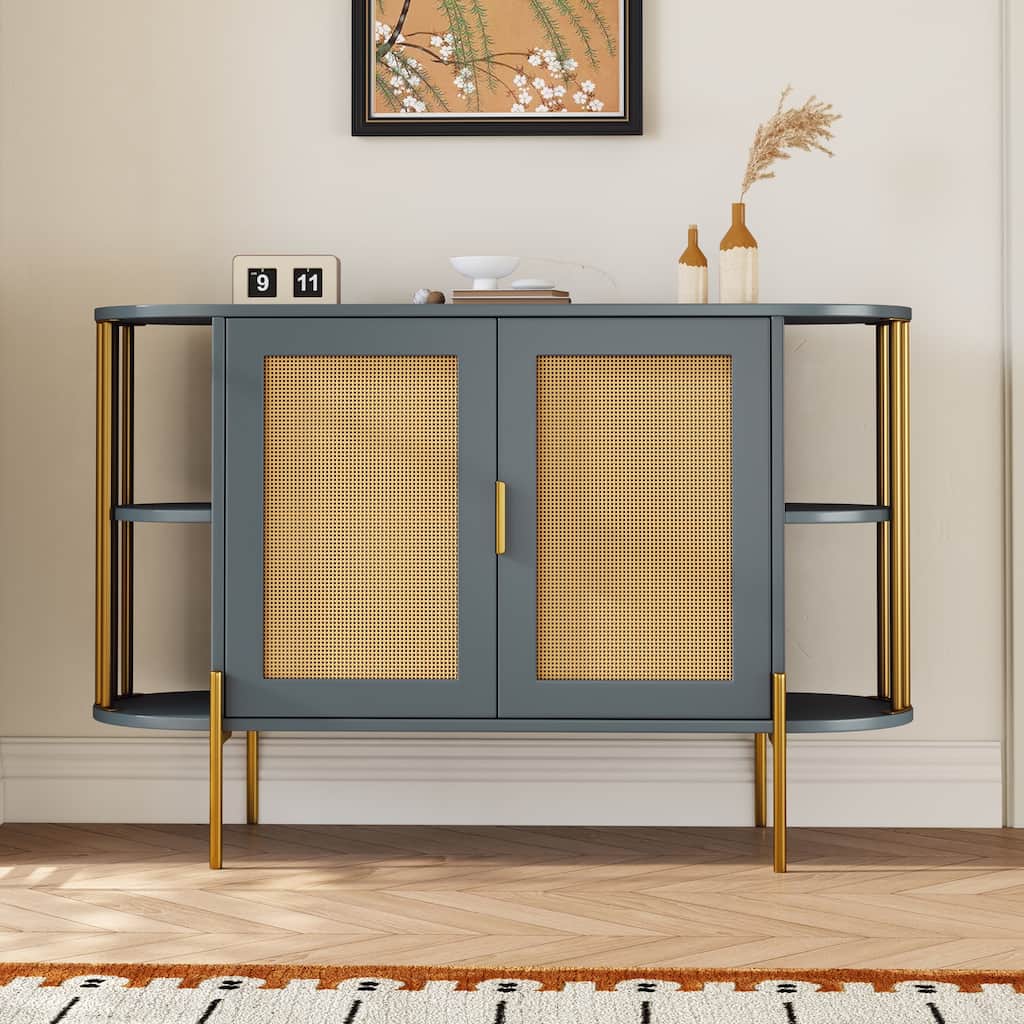 2-Door Elegant Curved Dining Cabinet with Gold Trim and Woven Rattan Doors