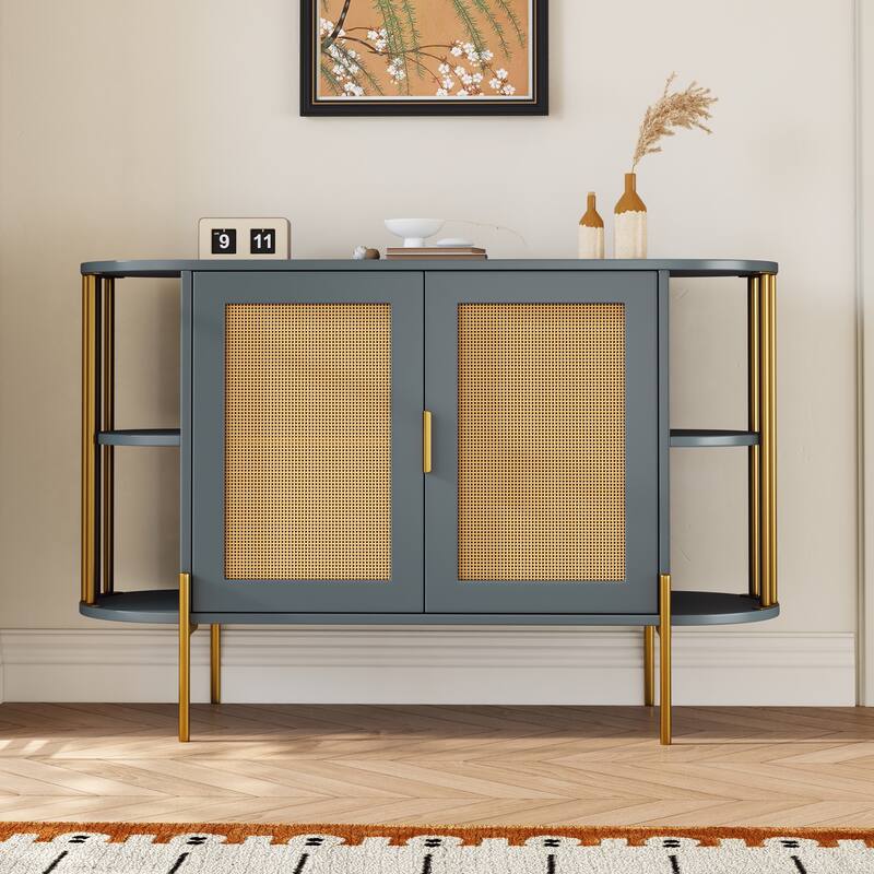 Curved Sideboard with Woven Rattan Doors and Open Storage - Dark Grey