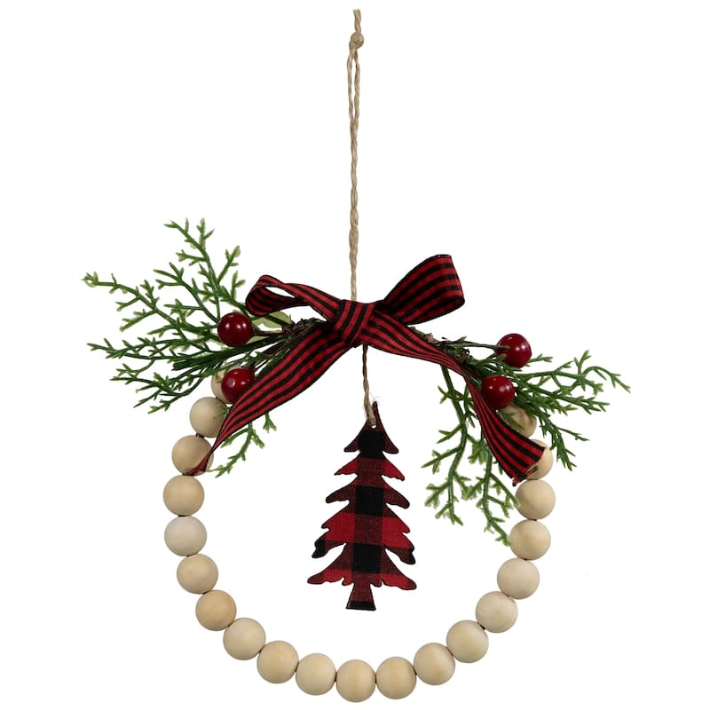 Buffalo Plaid Tree and Bow Wooden Beaded Christmas Wreath Ornament - 5.5"