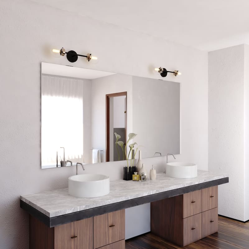 Industrial Wall Sconce - 2 Light Brass Bronze Globe - MCM Style Lighting - 20