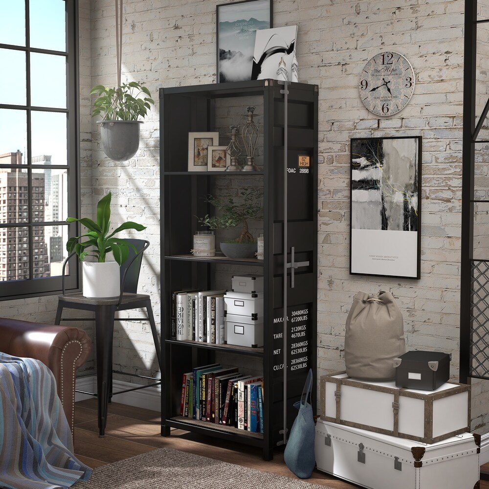 Furniture of America Scout 62 in. Black and Distressed Gray Wood Shelf Modern Bookcase Accent with 4-Shelves