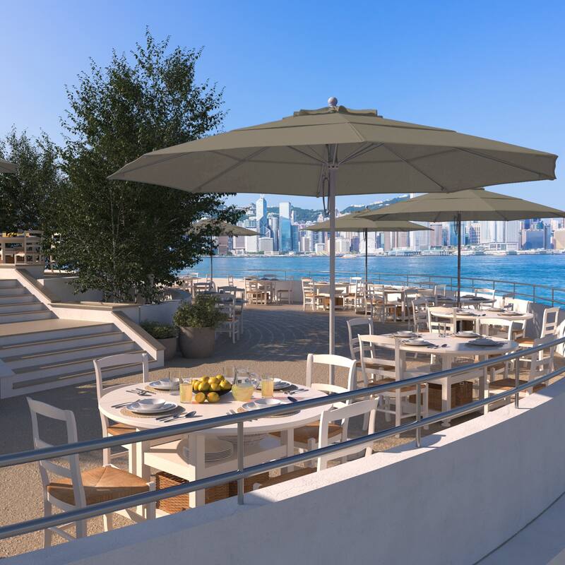 California Umbrella 11' Rd Aluminum Frame, Fiberglass Rib Market Umbrella, Push Open, White Finish, Pacifica Fabric - Taupe