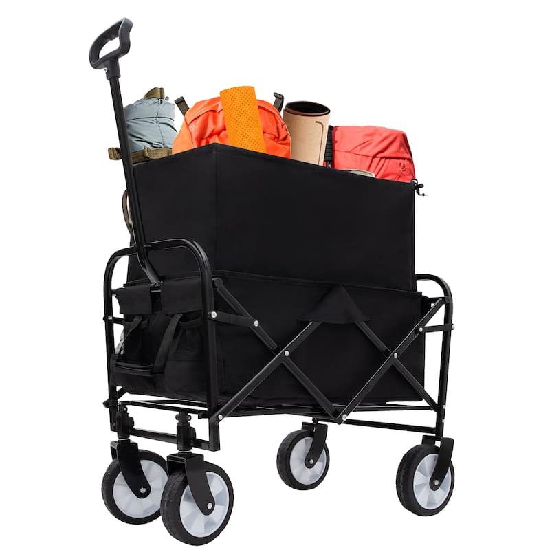 Extended Collapsible Utility Wagon - 225lb Capacity Heavy-Duty Folding Cart, Black