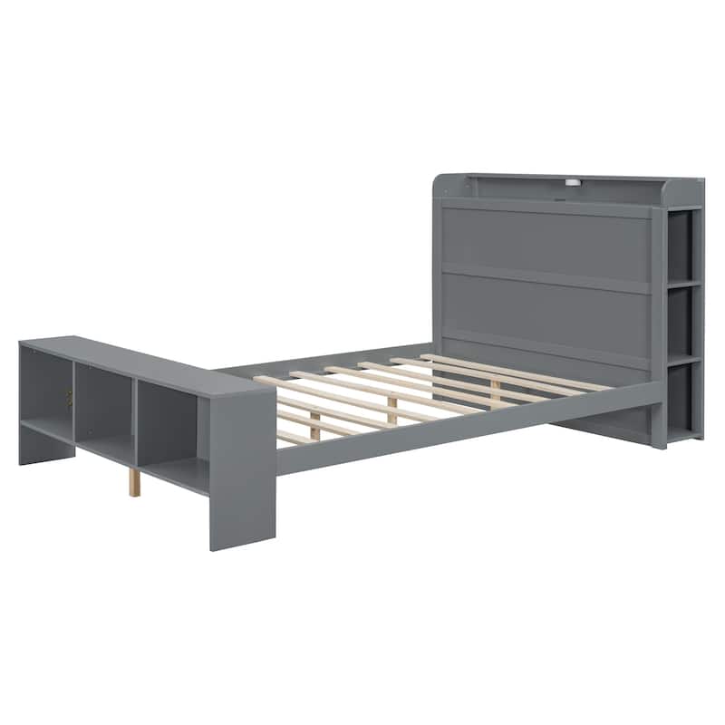HomeRoots Gray Wood Full Bed Frame With LED Lighting And USB