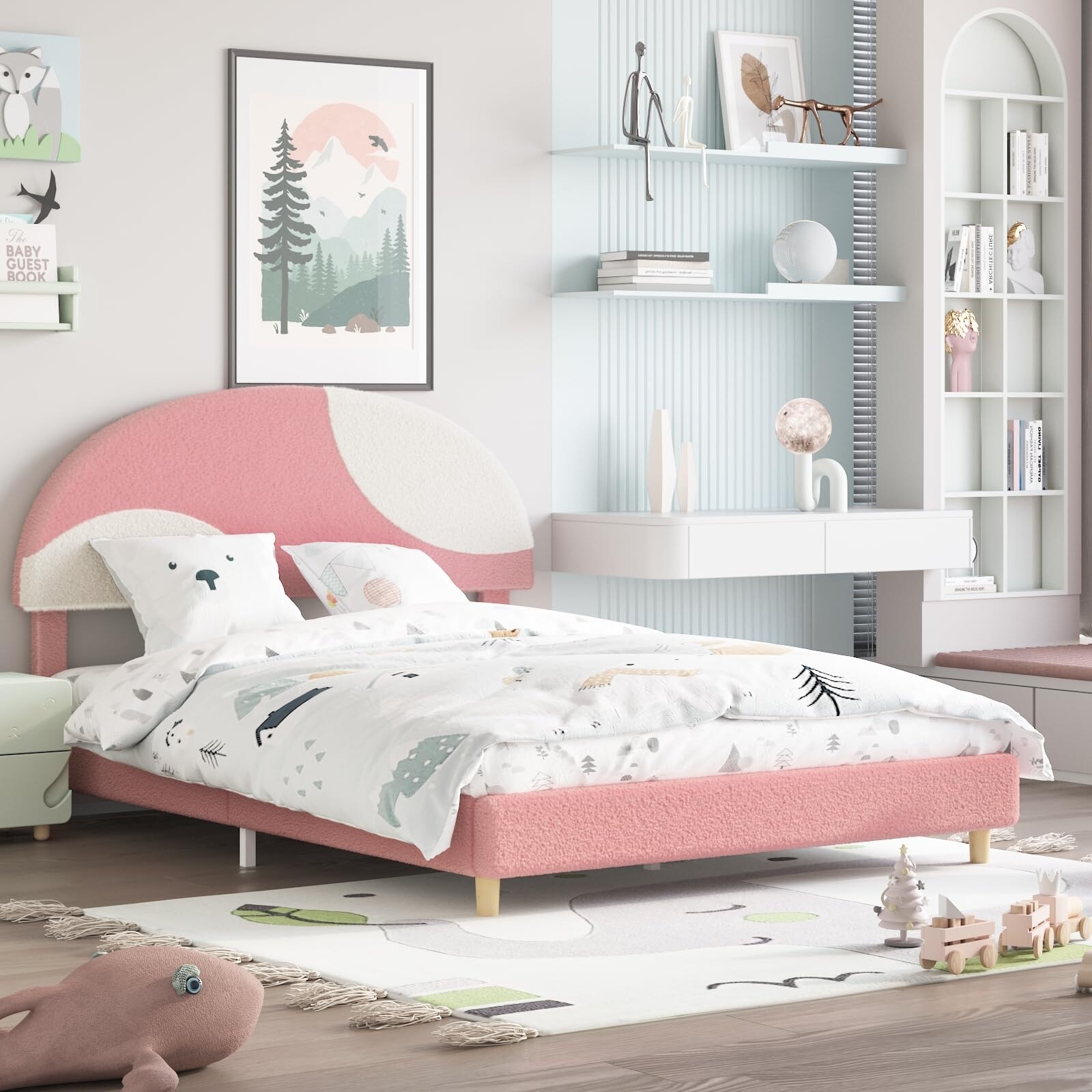 Bed Frame with Soft Boucle Fabric Upholstered Headboard, Low Platform Bed for Girls Boys, Sturdy Wooden Slats Support