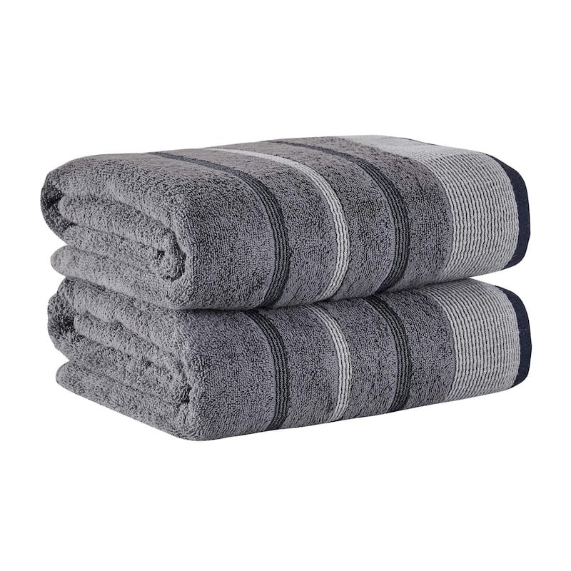 Linery & Co. Luxury Cotton Decorative Towel Set. - Bath Sheet (Pack of 2) - Chambray Blue / White / Navy Blue.