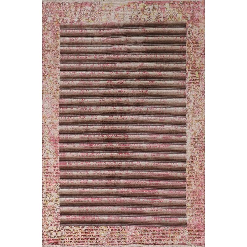 Striped Abstract Modern Area Rug Hand-Knotted Wool Carpet - 5'8"x 9'2"