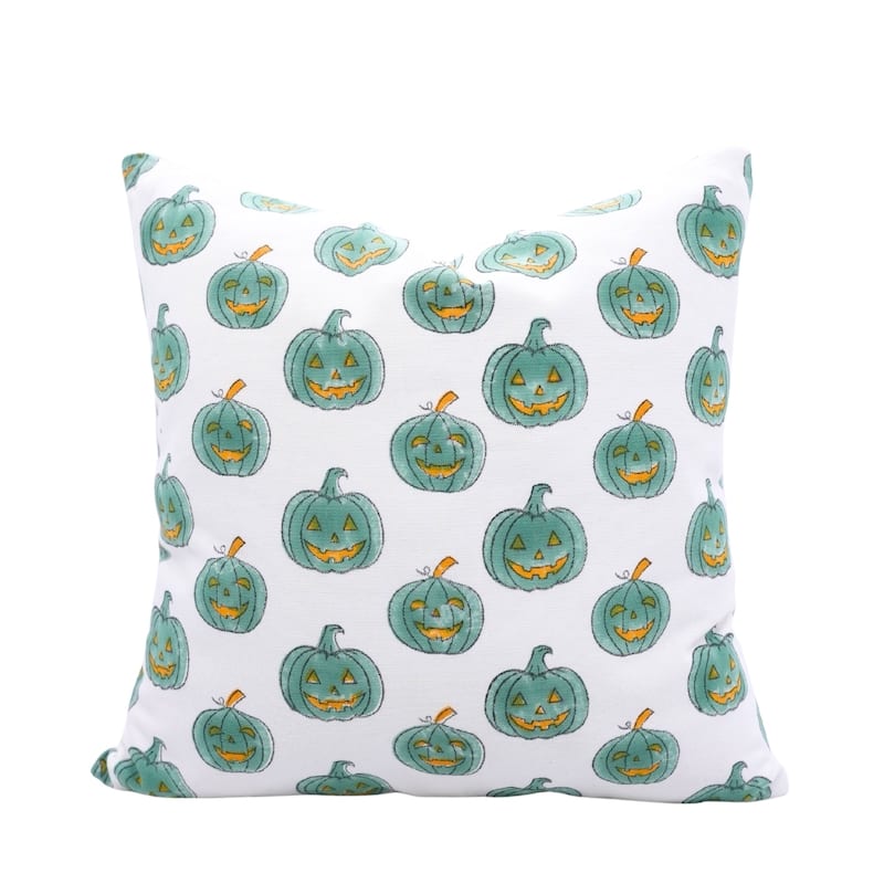 Fabdivine Handmade Block Print Cotton Green Pillow Cover, Pumpkin - Pillow Covers - Pumpkin- Teal, Yellow - 14" X 20"
