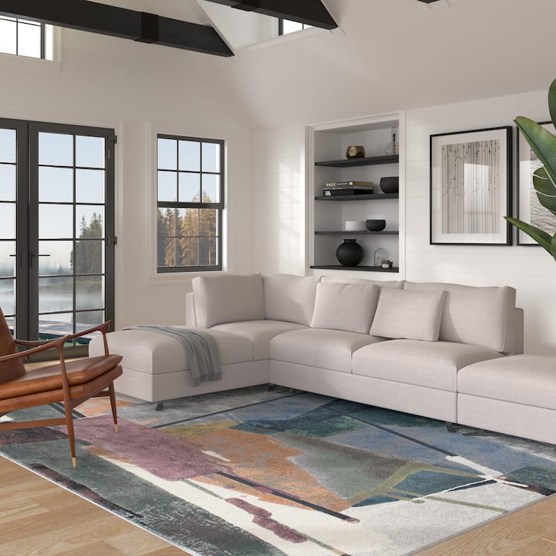 Abstract Orange, Sage, Blue, Gray, Ivory and Mauve Olefin Area Rug - 6' x 9'