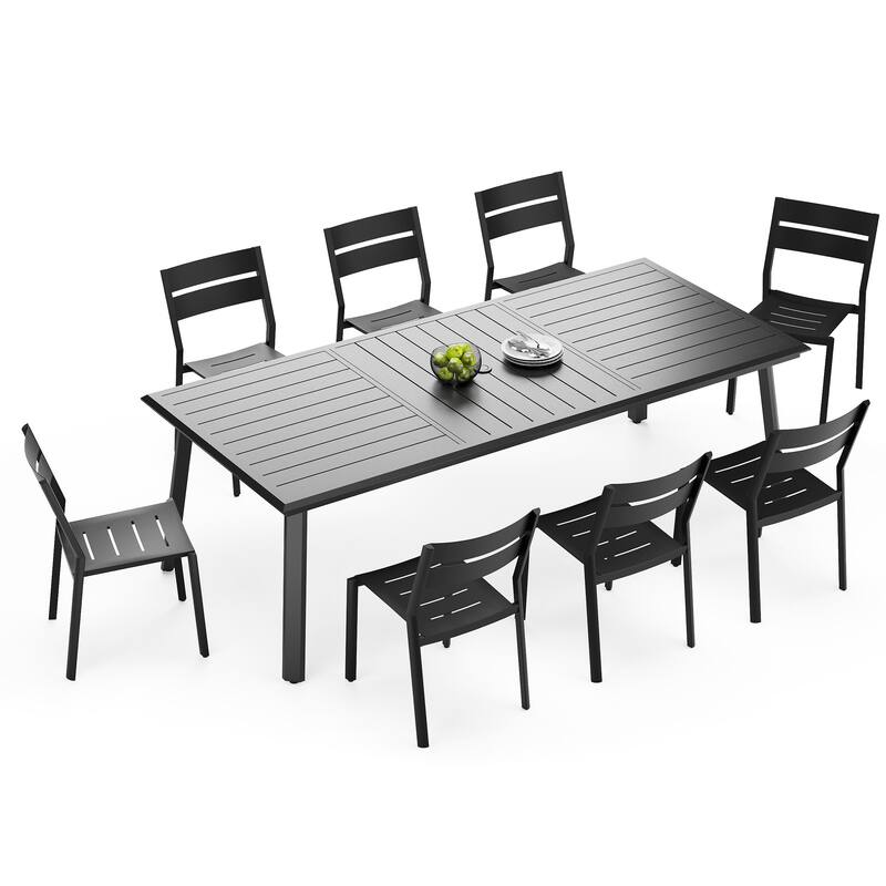 7/9/11 Piece Set Outdoor Aluminum Dining Table with Umbrella Hole for 6-10 Person and Stackable Dining Chairs - Set of 9 - with armless chair