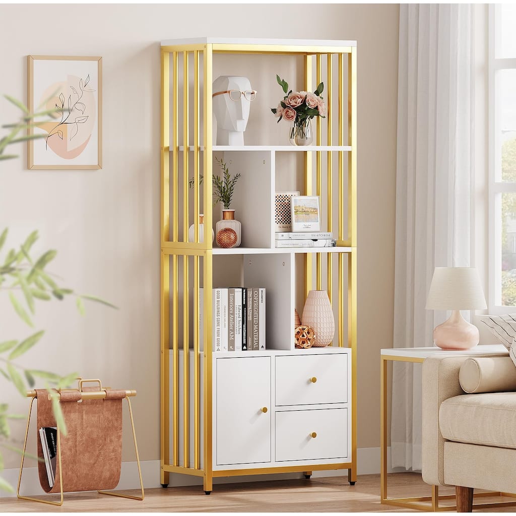 Modern Bookcase with Drawers Gold Bookshelf Storage