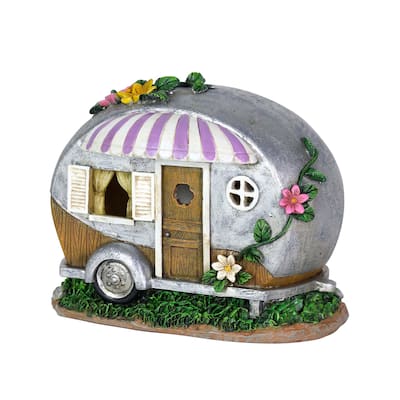 Exhart Solar Hand Painted Camping Trailer Statue with Lavender Awning, 5 by 6.5 Inches