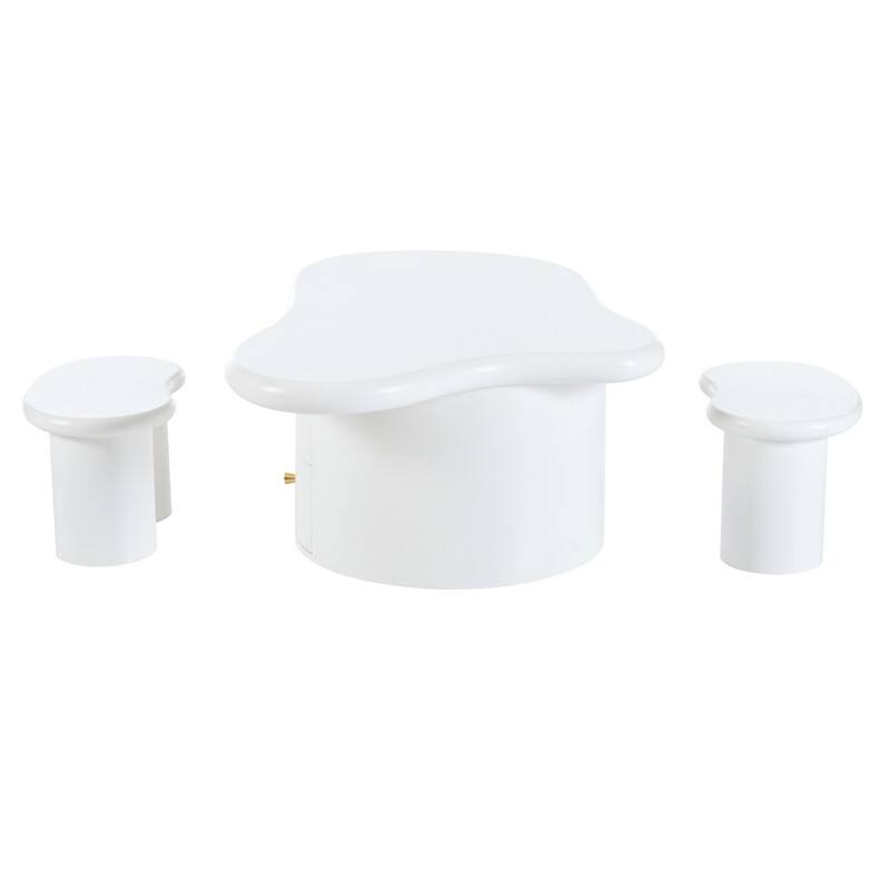 Cream Style Cloud-Shaped Coffee Table Set of 3, Irregular Design Cocktail End Table with Storage Drawer & 2 Small Stools