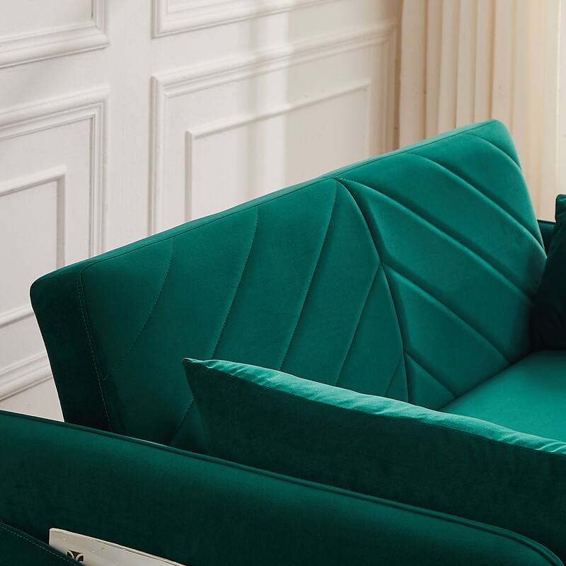 Modern Velvet Upholstered Sleeper Sofa with Pull-out Bed, UPS Ports,2 Lumbar Pillows and Side Pocket