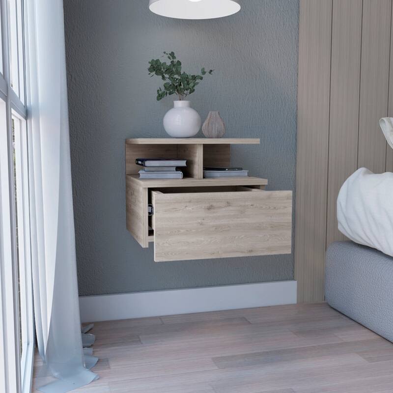 Wall-Mounted Floating Nightstand with Single Drawer and 2-Tier Shelf, Light Gray