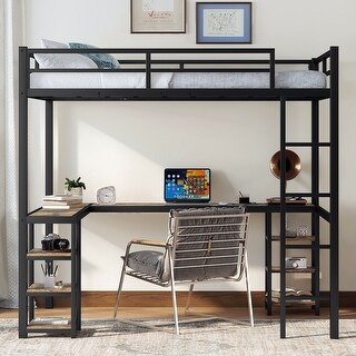 Multifunctional Design Loft Bed Desk and Shelves, Black with Vintage Wood-colored desk, Full Size, Black