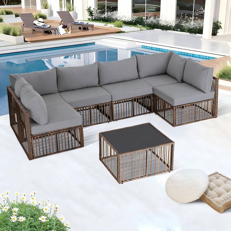 7-Piece Wicker Patio Conversation Set with Cushions,6 Sofas, 1 Table