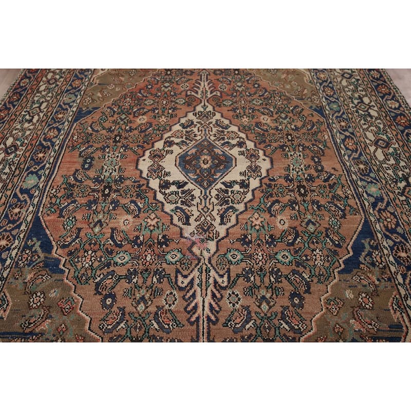 Geometric Hamedan Vintage Persian Area Rug Hand-Knotted Wool Carpet - 7'2" x 10'4"