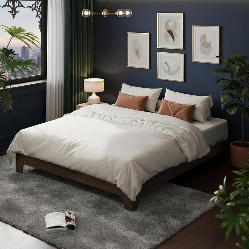 Wood Platform Bed Frame, with Strong Wooden Slats - Walnut - King