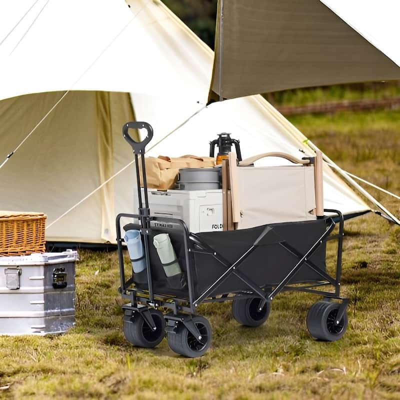 Black Oxford Iron Wagon 350lbs Foldable Cart with Lock Brakes - 37.59x35.43x23.62 inch