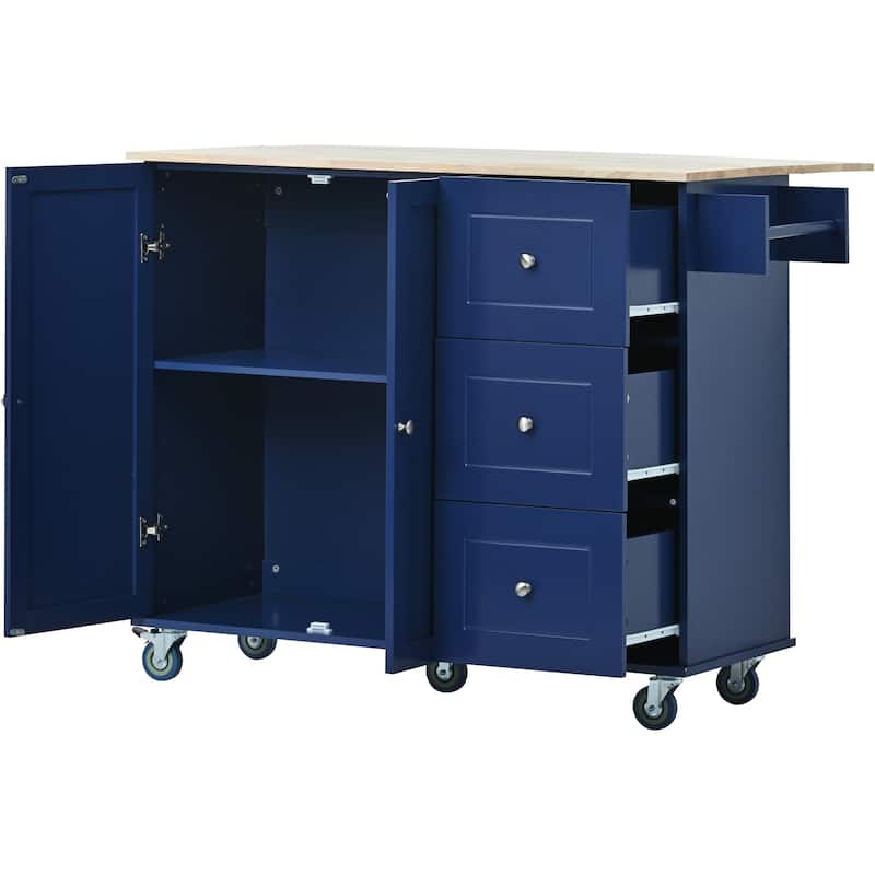 Rolling Kitchen Island with Solid Wood Top, Storage Cabinet and Drop Leaf Bar w/Spice Rack, Towel Rack for Living Room