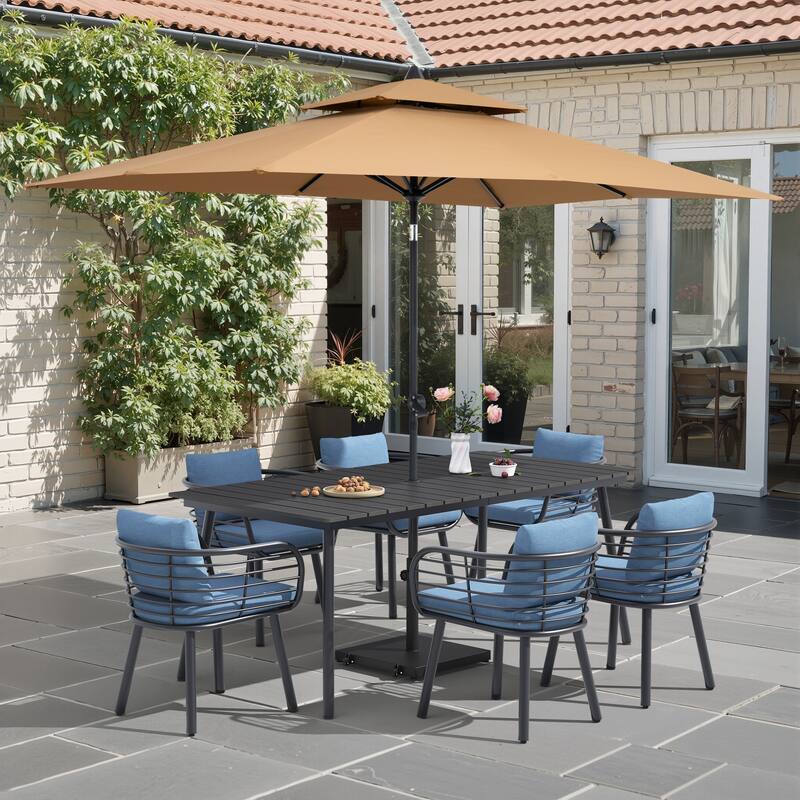 9-Piece Outdoor Patio Dining Set w/10 ft Umbrella and Base Aluminum Dining Table and Chairs with Sunbrella Cushion
