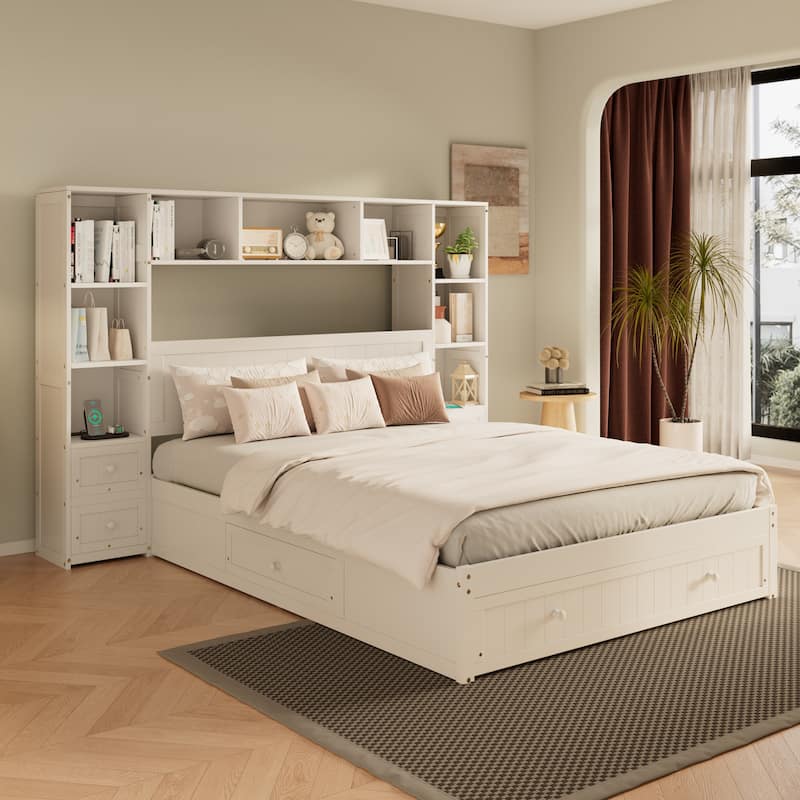 Full/Queen Size Storage Platform Bed with All-in-One Bookcase with 2 Charging Stations, Captain Bed Frame with 7 Drawers