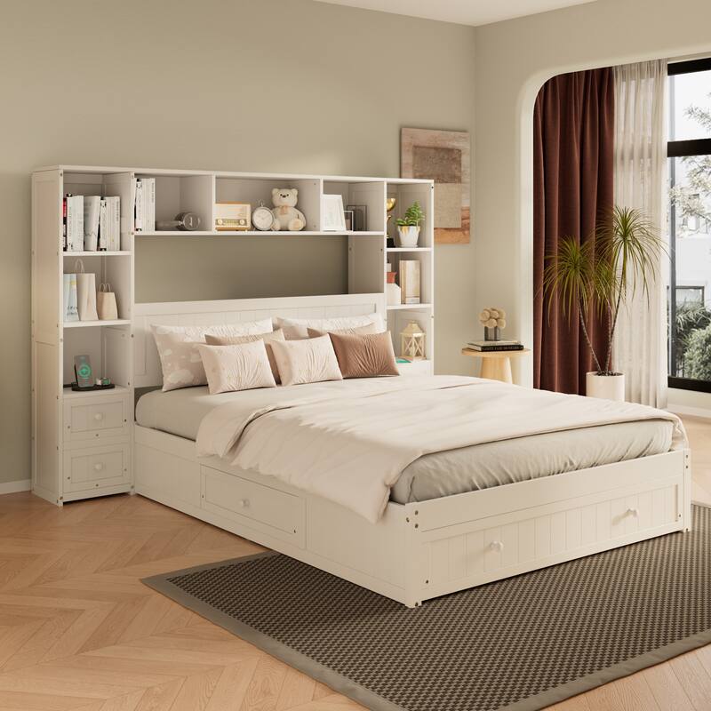 Queen/Full Platform Bed - Pine Wood Frame with Nightstands, Storage & 2 Charging Stations
