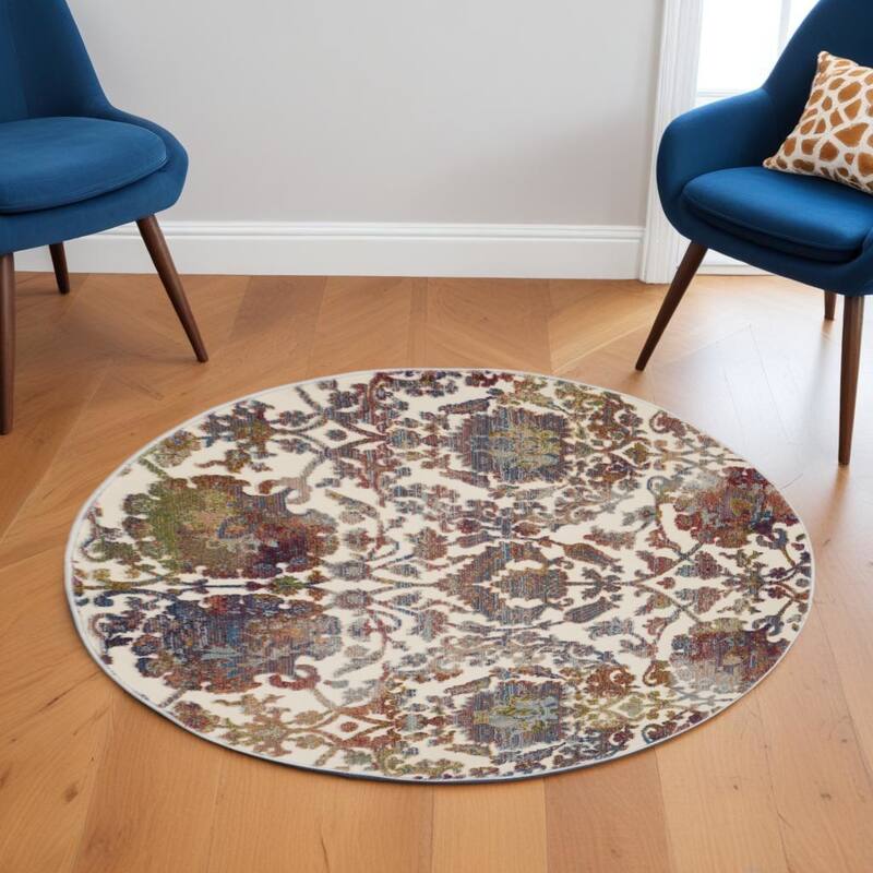Jiqo Power Loomed Distressed Geometric Floral Traditional Non Skid Area Rug By HomeRoots - 72' X '72' X '0.5 - 72' X '72' X '0.5 - Cream/Onyx - Round